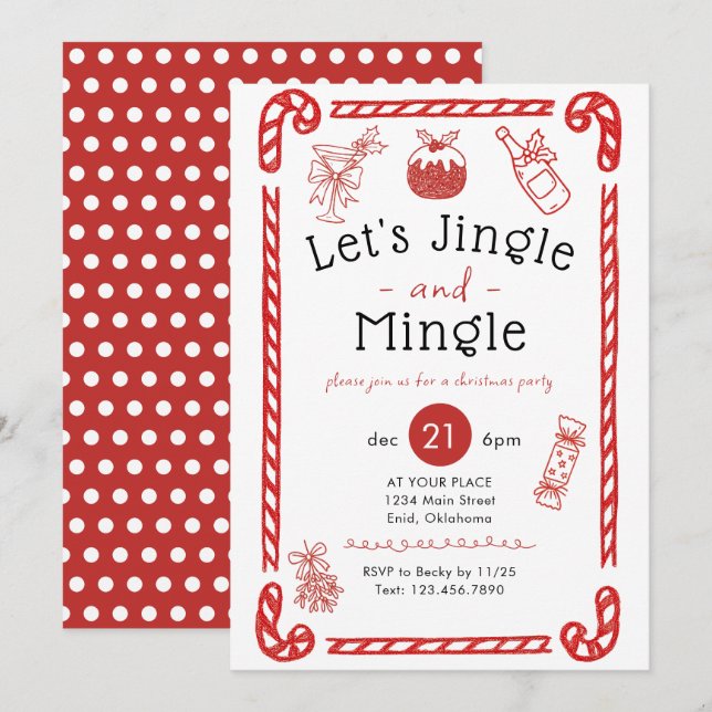 Let's Jingle and Mingle Red Doodle Holiday Party Einladung (Vorne/Hinten)