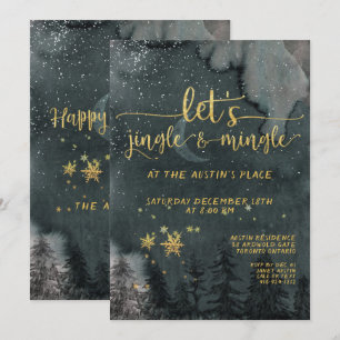Let's Jingle & Mingle Gold Woodland Holiday Party Einladung