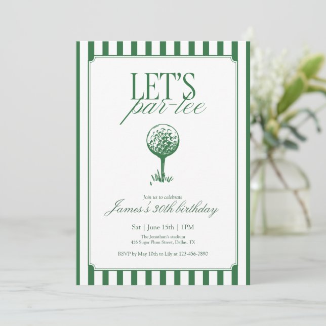 Lets Par Tee Golf Birthday Party Green Stripe Einladung (Stehend Vorderseite)