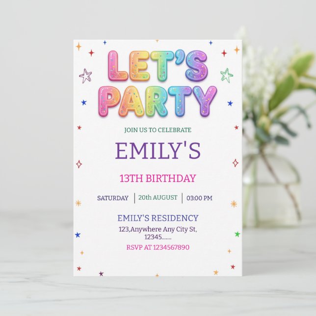 Let's Party Colorful Birthday Party Einladung (Stehend Vorderseite)