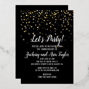Let's Party Gold Confetti Black Anniversary Gold Folieneinladung