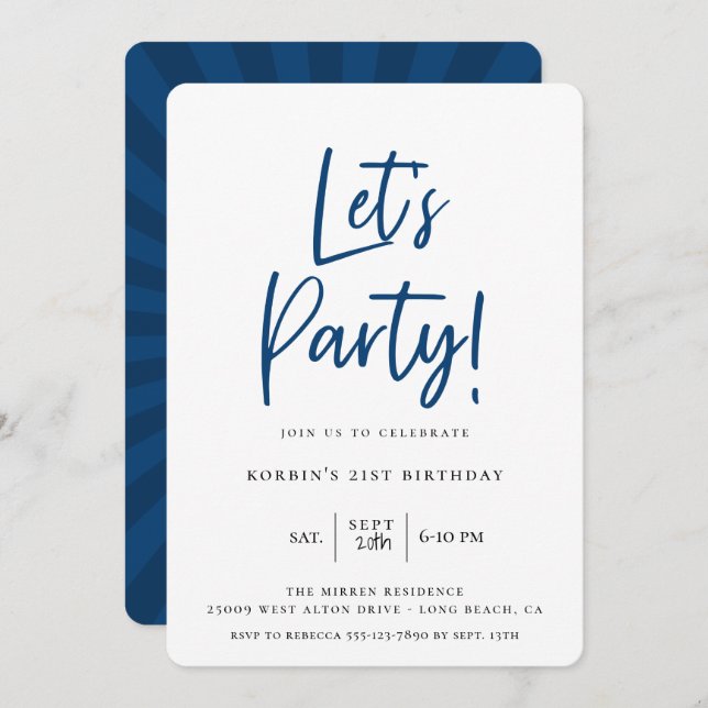 Let's Party Modern Blue Script Geburtstag Einladung (Vorne/Hinten)