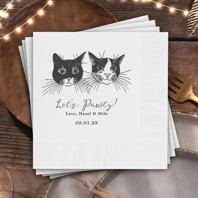 Let's Pawty Custom Cat Drawn Cocktail Wedding Serviette (Von Creator hochgeladen)