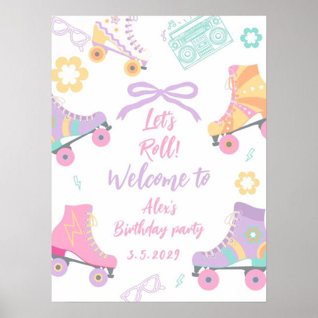 Lets Roll Roller Skate Girl Birthday Welcome Poster (Vorne)