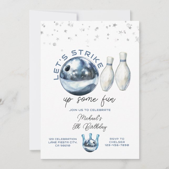 Let's Strike Boy 5th Galaxy bowling birthday party Einladung (Vorderseite)