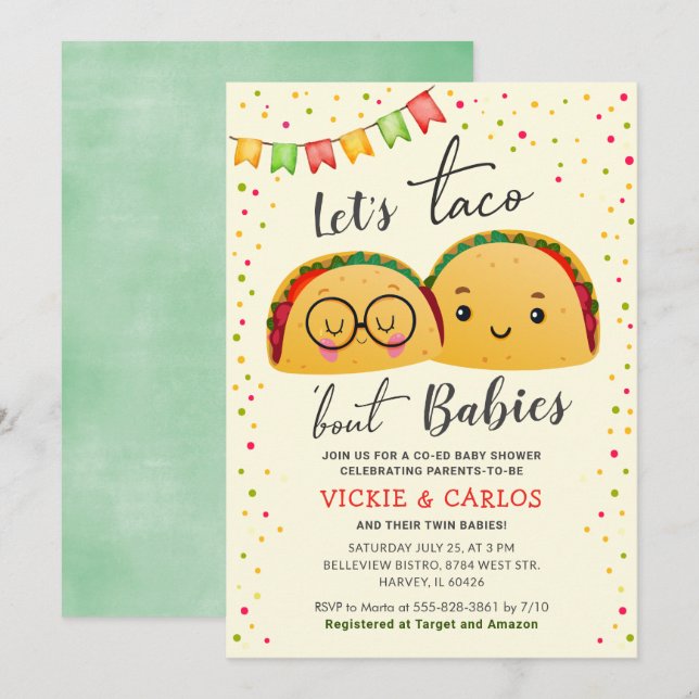 Let's Taco Bout Babies Co-ed Twin Baby Shower Einladung (Vorne/Hinten)