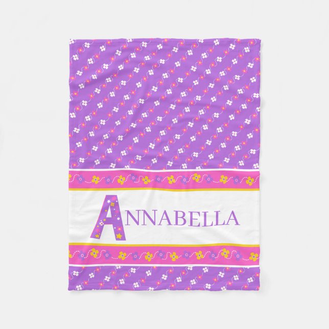 Letter A Annabella rosa lila Blume Stern Fleecedecke (Vorderseite)