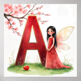 Letter A Fairy Nursery Poster - Cherry Blossoms