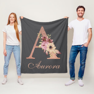 Letter A Floral Rose Gold Monogram Fleece Blankon