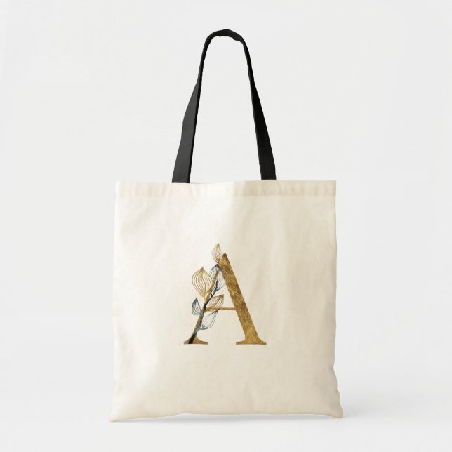 ** Letter A Gold Monogram Anfangs Black Leaves Tragetasche (Vorne)