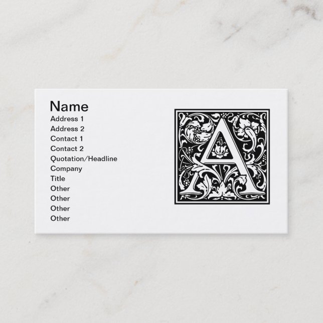 Letter A Medival Monogram Art Nouveau Visitenkarte (Vorderseite)