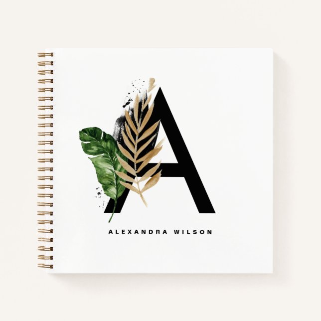 Letter A Monogram Gold Foil Tropical Personalisier Notizbuch (Vorderseite)