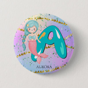 Letter A Monogram Watercolor Niedlich Mermaid Kind Button