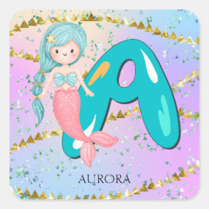 Letter A Monogram Watercolor Niedlich Mermaid Kind Quadratischer Aufkleber