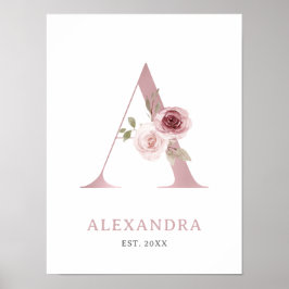 Letter A Monogram Watercolor Rose Florals Kinderzi Poster