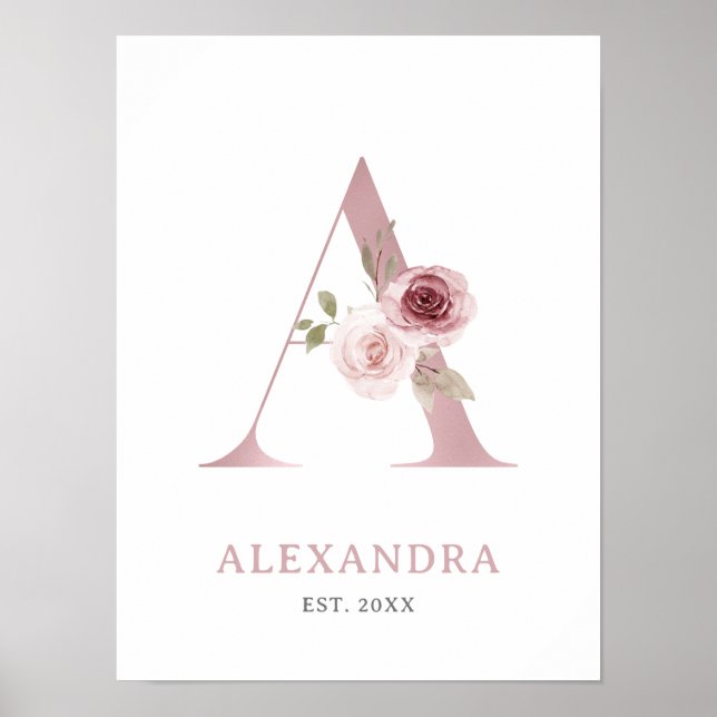 Letter A Monogram Watercolor Rose Florals Kinderzi Poster (Vorne)