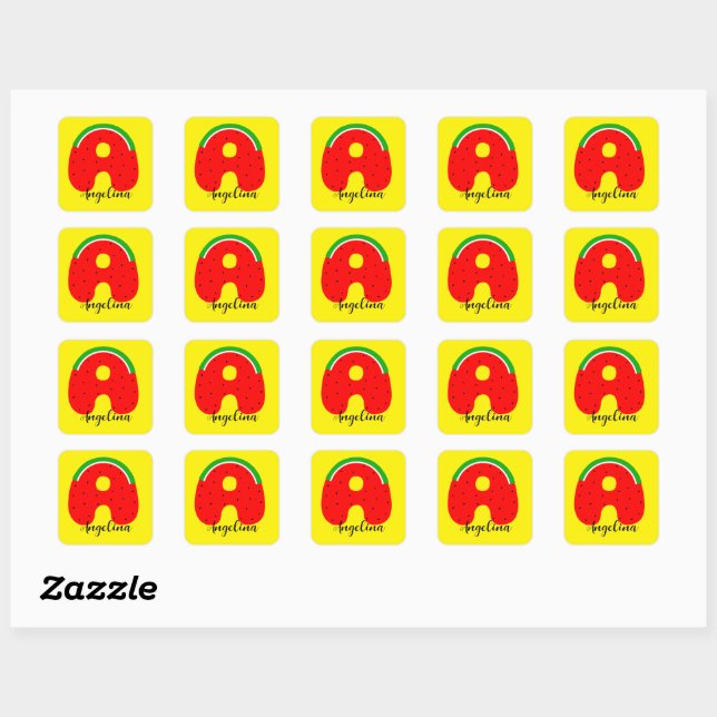 Letter A Name Sticker, Watermelon Name Sticker, Quadratischer Aufkleber (Blatt)
