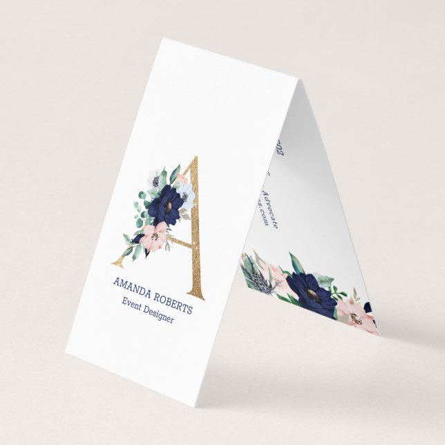 Letter A Navy Blue & Rosa Marina blühende Blume Visitenkarten (Vorderseite)