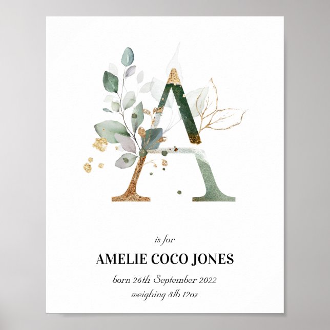 Letter A New Baby Monogram Birth Print Green Poster (Vorne)