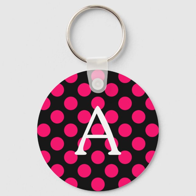 Letter A on Black Pink Polka Dots Schlüsselanhänger (Vorderseite)