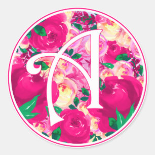 Letter A Pink Watercolor Floral Circle Monogram Runder Aufkleber