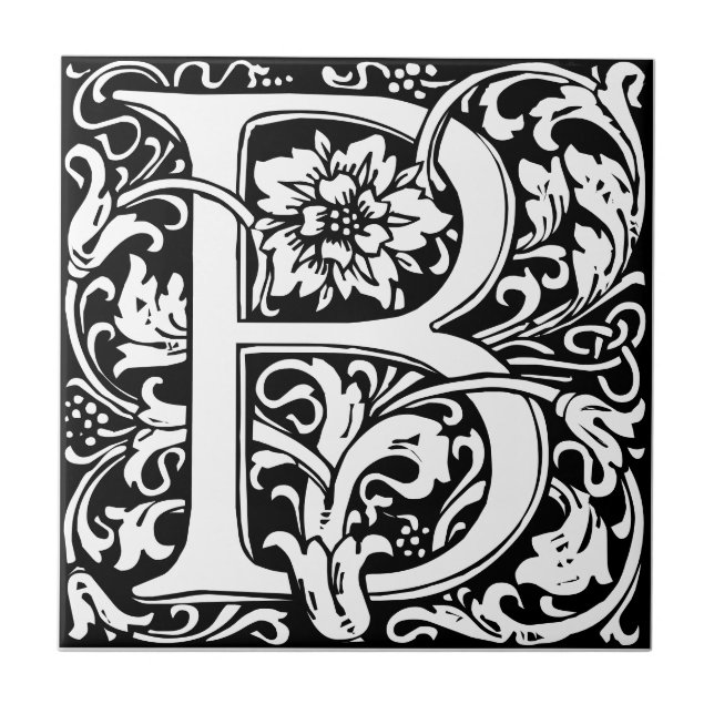 Letter B Art Nouveau Schwarz/Weiß Tile Fliese (Vorderseite)