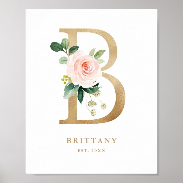 Letter B Blush Floral Monogram Gold Foil Kinderzim Poster (Vorne)