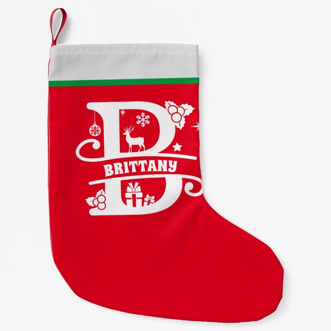 Letter B Christmas Monogram, Anfangsname Red White Kleiner Weihnachtsstrumpf (Vorderseite)