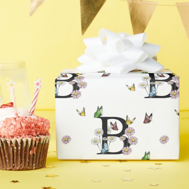 Letter B Floral Watercolor Butterfly Monogramm Geschenkpapier (Geburtstagsparty)