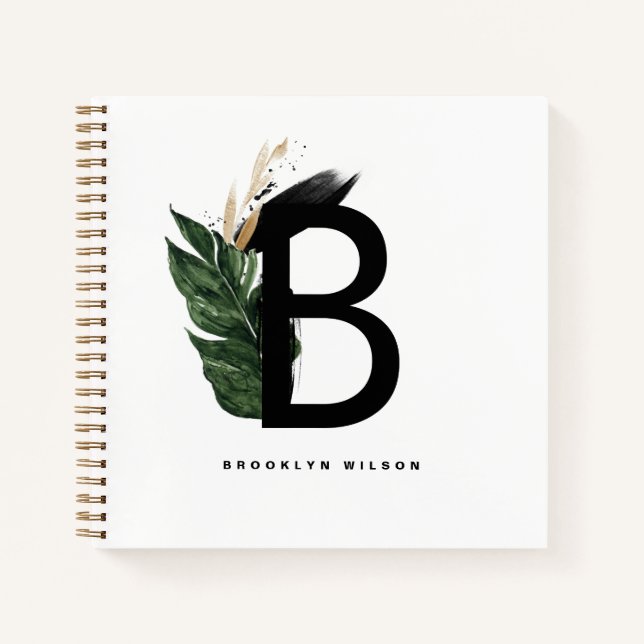 Letter B Monogram Gold Foil Tropical Personalisier Notizbuch (Vorderseite)