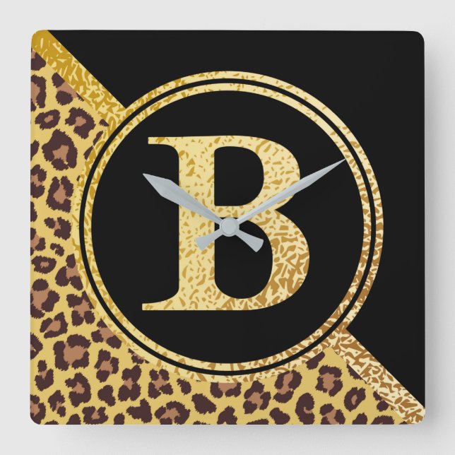 Letter B Monogram Leopard Print Gold and Black Quadratische Wanduhr (Vorderseite)