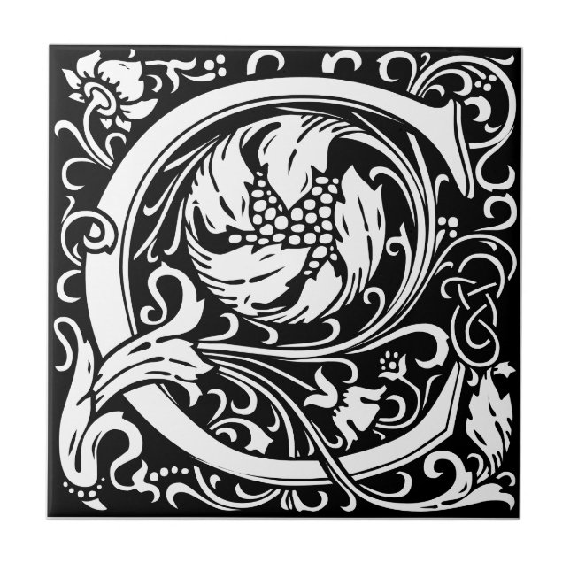 Letter C Art Nouveau Schwarz/Weiß Tile Fliese (Vorderseite)