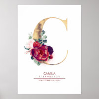 Letter C Monogram Floral Burgundy Red and Gold