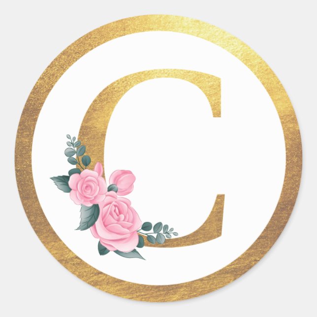 Letter C Monogram Roses Floral & Elegant Gold Runder Aufkleber (Vorderseite)