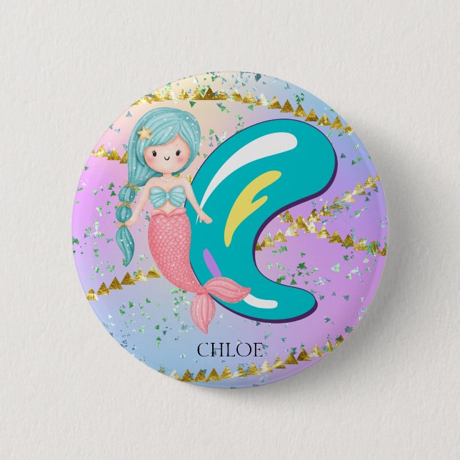 Letter C Monogram Watercolor Niedlich Mermaid Kind Button (Vorderseite)