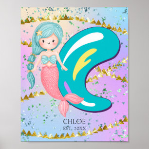 Letter C Monogram Watercolor Niedlich Mermaid Kind Poster