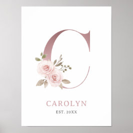 Letter C Monogram Watercolor Rose Florals Kinderzi Poster