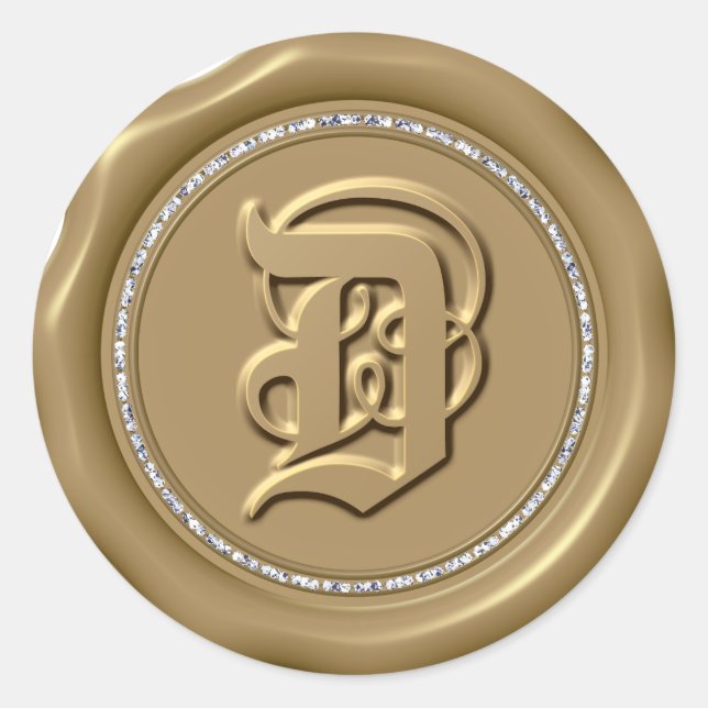 *~* Letter D Diamond Circle GOLD Wax Siegel Sticke Runder Aufkleber (Vorderseite)
