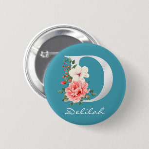 Letter D Floral Metallisches weißes Monogramm Button