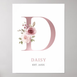 Letter D Monogram Watercolor Rose Florals Kinderzi Poster