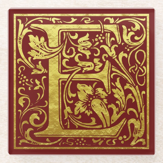 Letter E First Letter Imitate Gold Red Glasuntersetzer (Vorderseite)