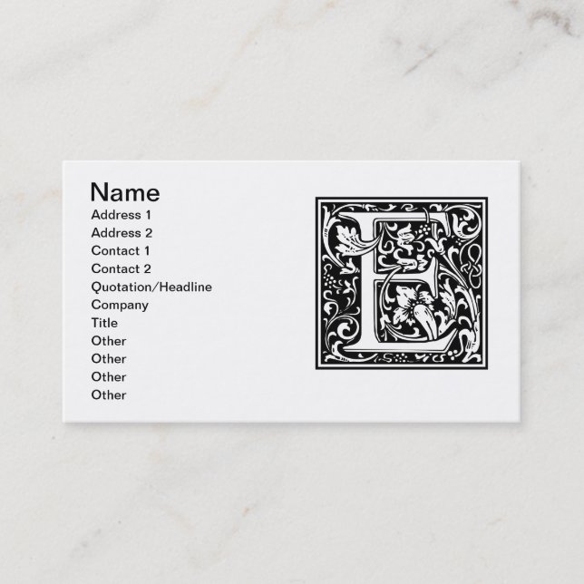 Letter E Mittelalterliche Monogramm Art Nouveau Visitenkarte (Vorderseite)