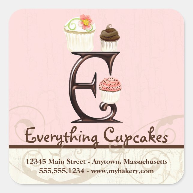 Letter E Monogram Cupcake Logo Business-Aufkleber Quadratischer Aufkleber (Vorderseite)