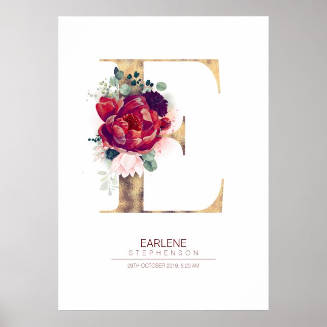 Letter E Monogram Floral Burgundy Red and Gold Poster (Vorne)