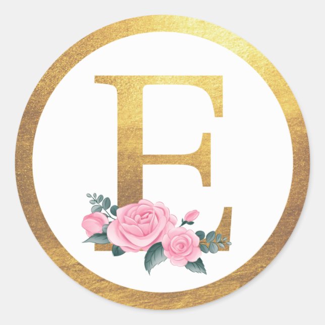 Letter E Monogram Pink Roses Floral & Elegante Gol Runder Aufkleber (Vorderseite)