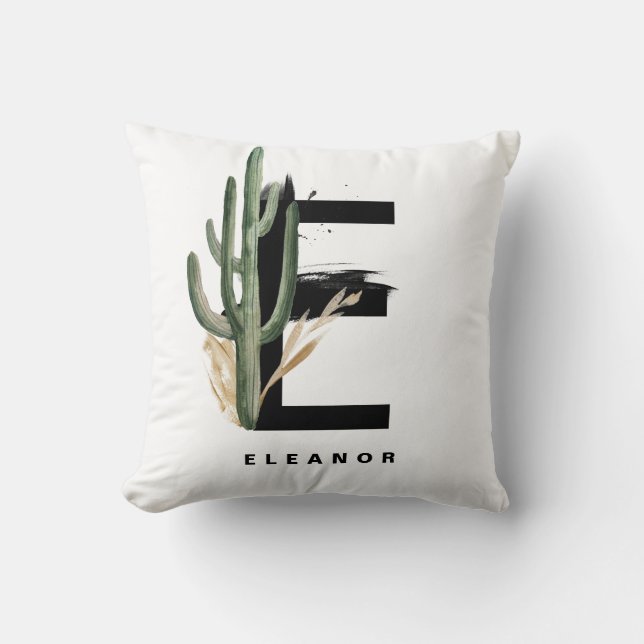 Letter E Monogram | Tropischer Kaktus Personalisie Kissen (Vorderseite)