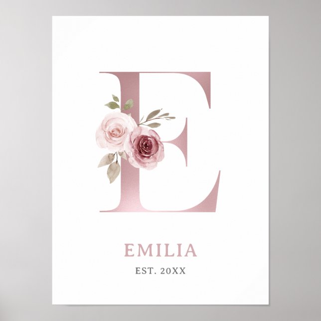 Letter E Monogram Watercolor Rose Florals Kinderzi Poster (Vorne)