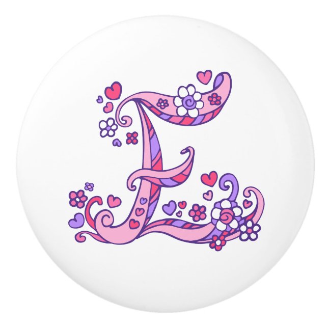 Letter E-Monogramm-Herzen Blume rosa lila ziehen Keramikknauf (Vorderseite)
