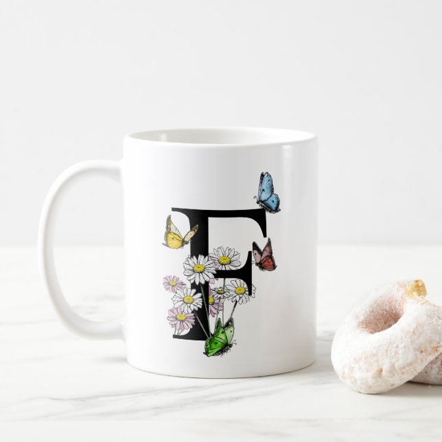 Letter F Botanic Watercolor Butterfly Monogram Kaffeetasse (Mit Donut)