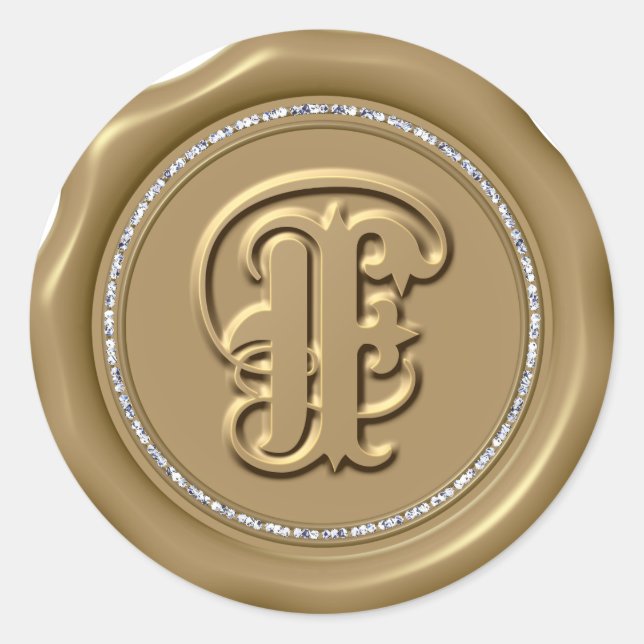 *~* Letter F Diamond Circle GOLD Wax Siegel Sticke Runder Aufkleber (Vorderseite)